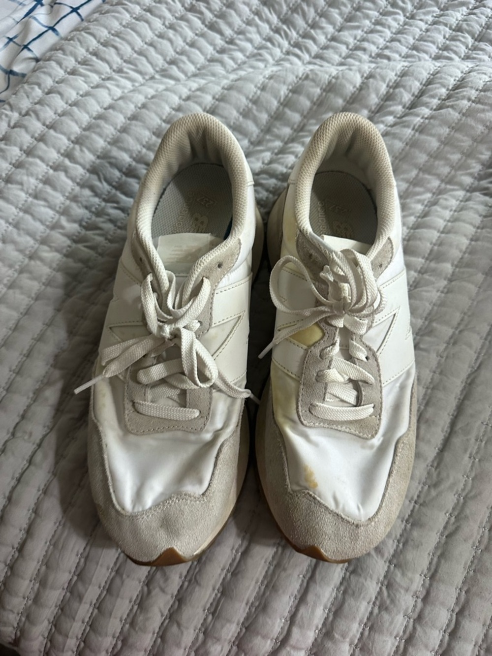 New Balance White Sneaker with Yellow Collar Trim